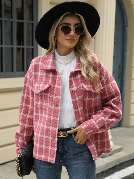 Plaid collared neck long sleeve jacket - dusty pink / s