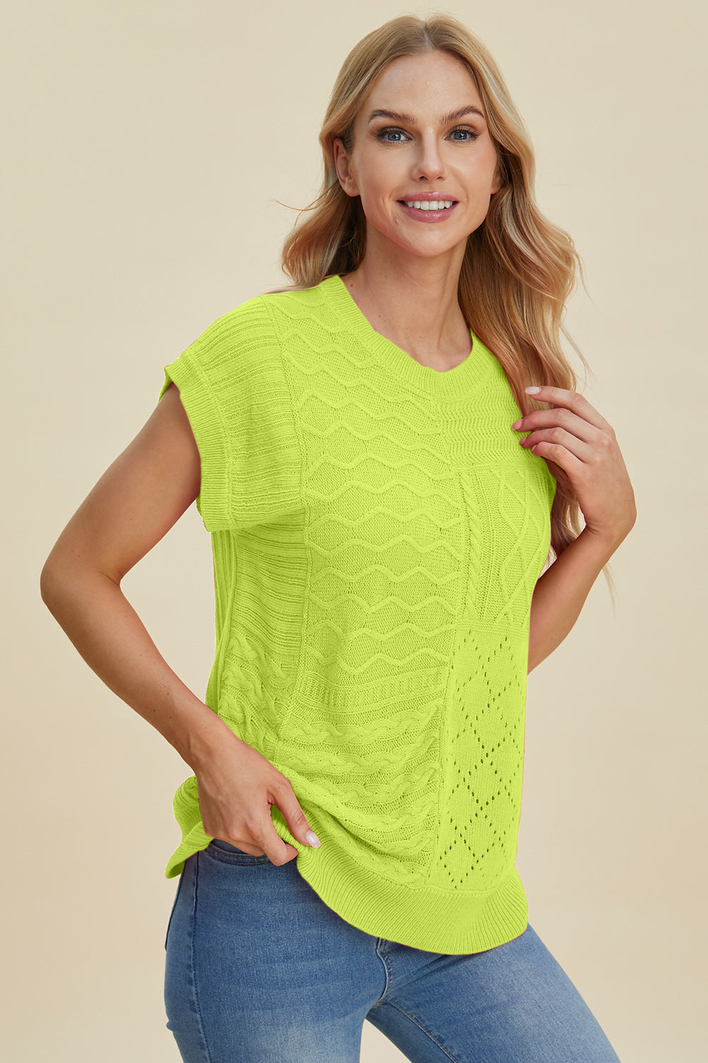 Double take full size cable-knit round neck cap sleeve sweater - lime / s