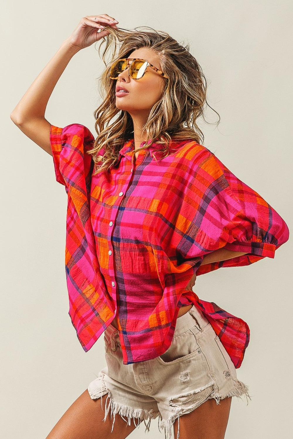 Bibi button up dolman sleeve plaid shirt