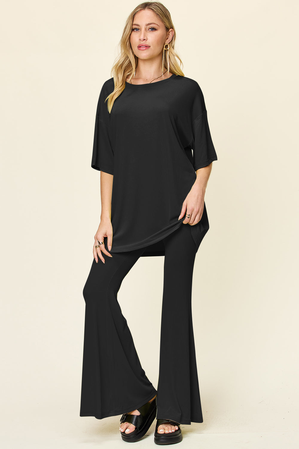 Double take full size round neck drop shoulder t-shirt and flare pants set - black / s