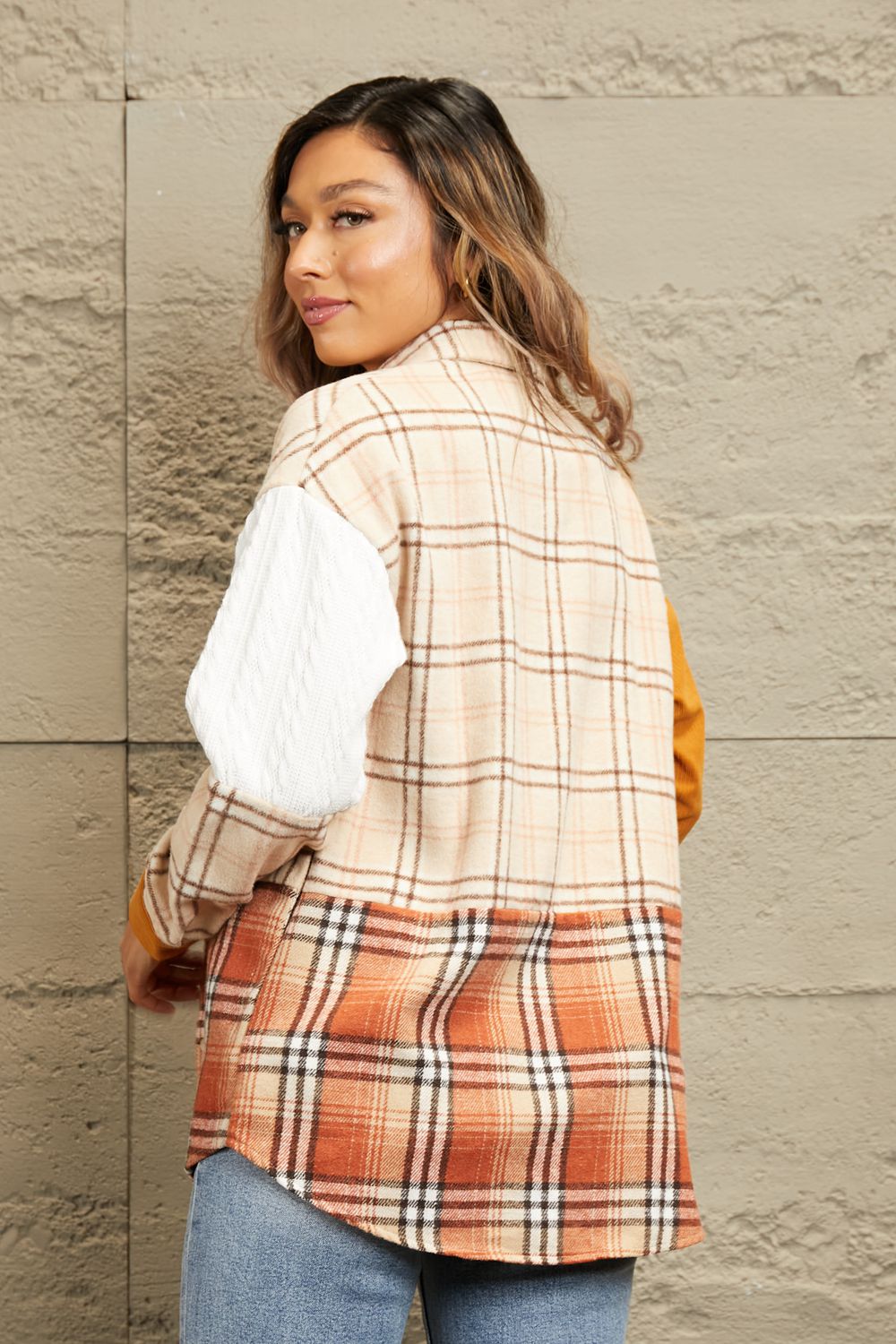 Double take plaid color block dropped shoulder shacket