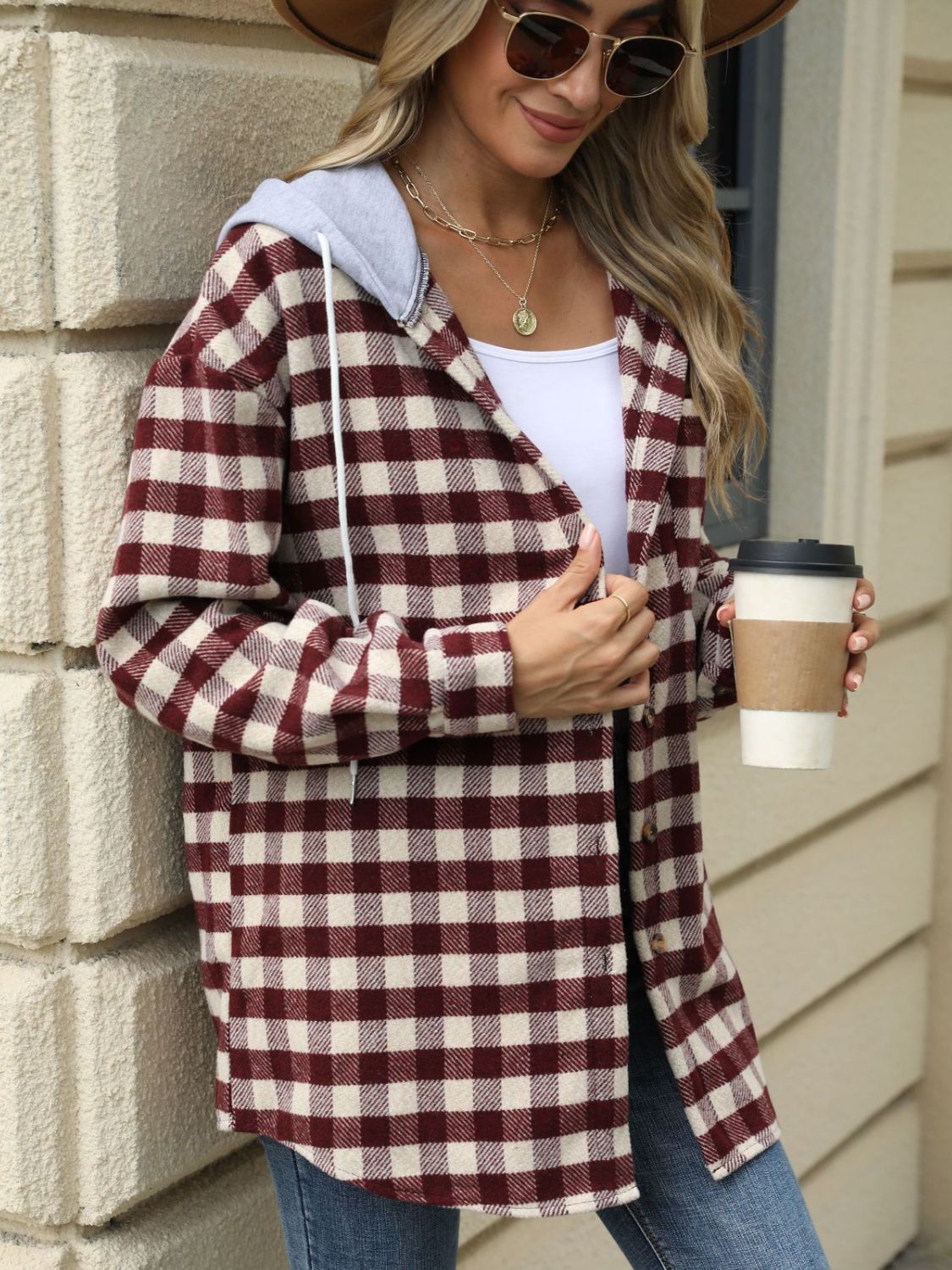 Drawstring plaid long sleeve hooded jacket