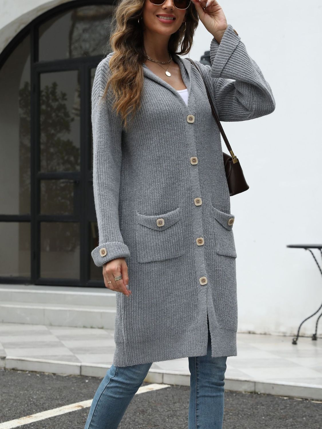 Pocketed button up long sleeve hooded cardigan