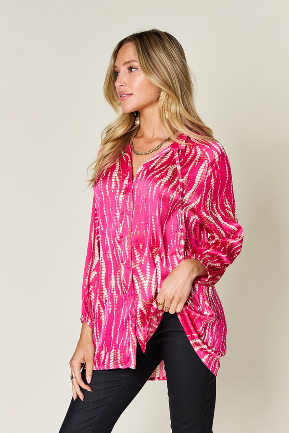 Double take full size printed button up long sleeve shirt