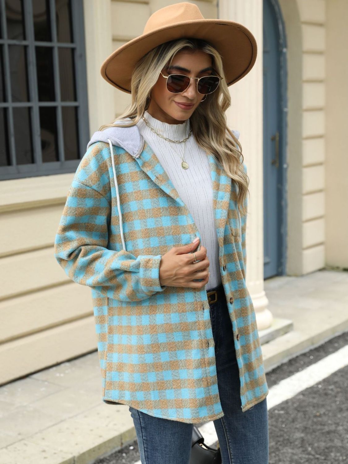 Drawstring plaid long sleeve hooded jacket