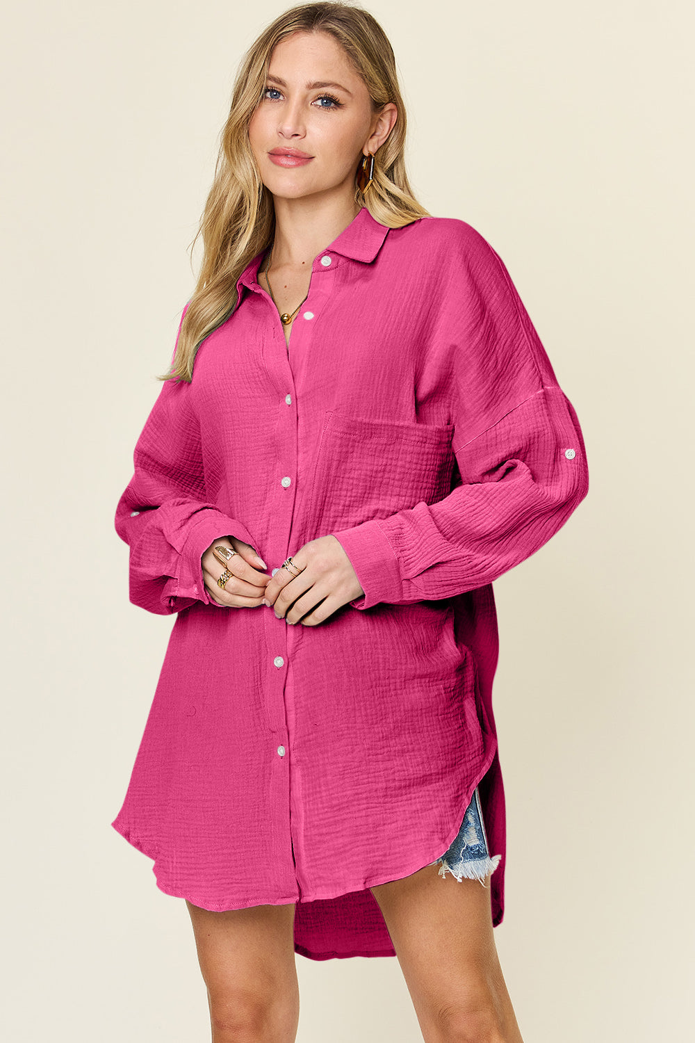 Double take full size pocketed texture button up shirt