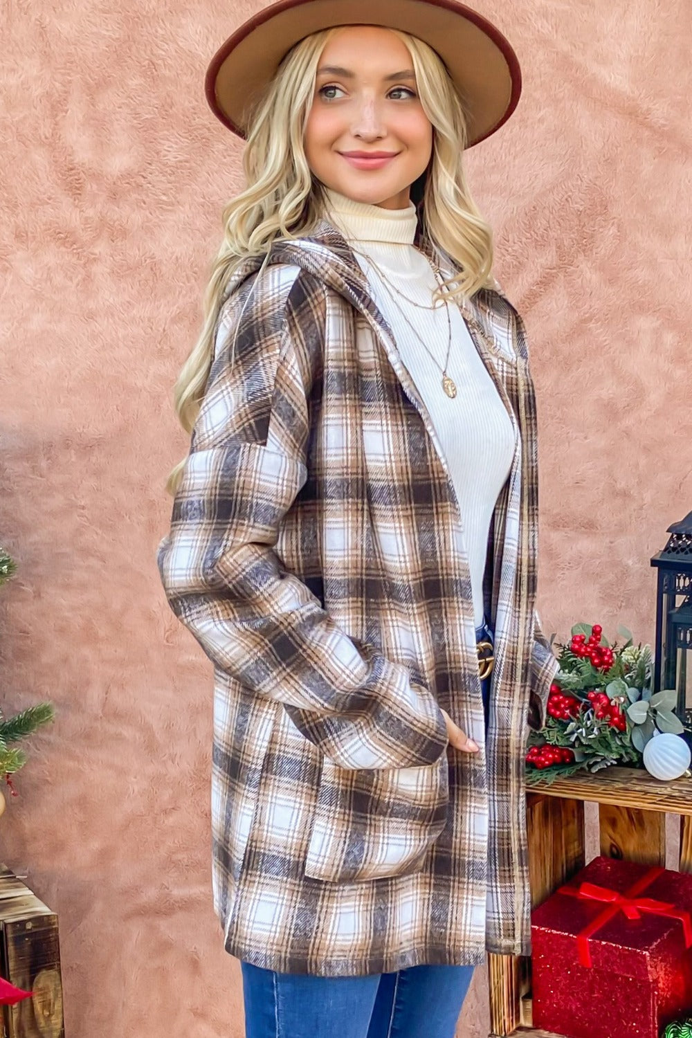 And the why plaid open front hooded shacket