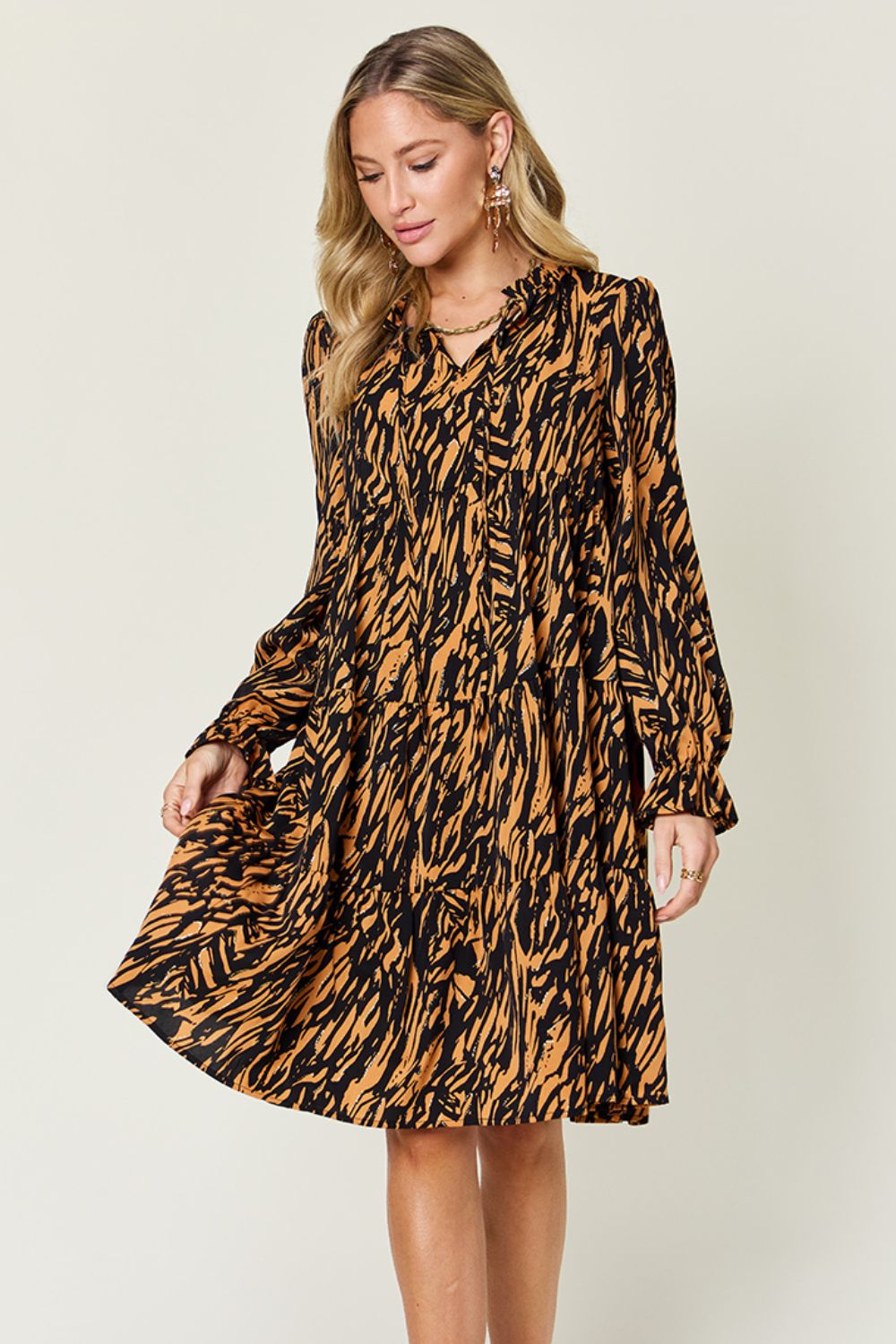 Double take full size printed ruffle hem long sleeve dress