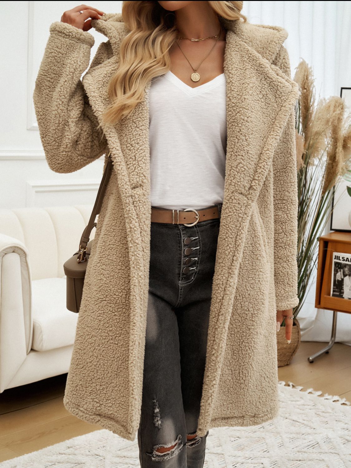 Devine pocketed long sleeve hooded teddy coat - camel / s