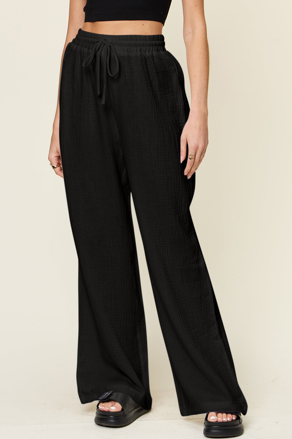 Double take full size texture drawstring wide leg pants - black / s