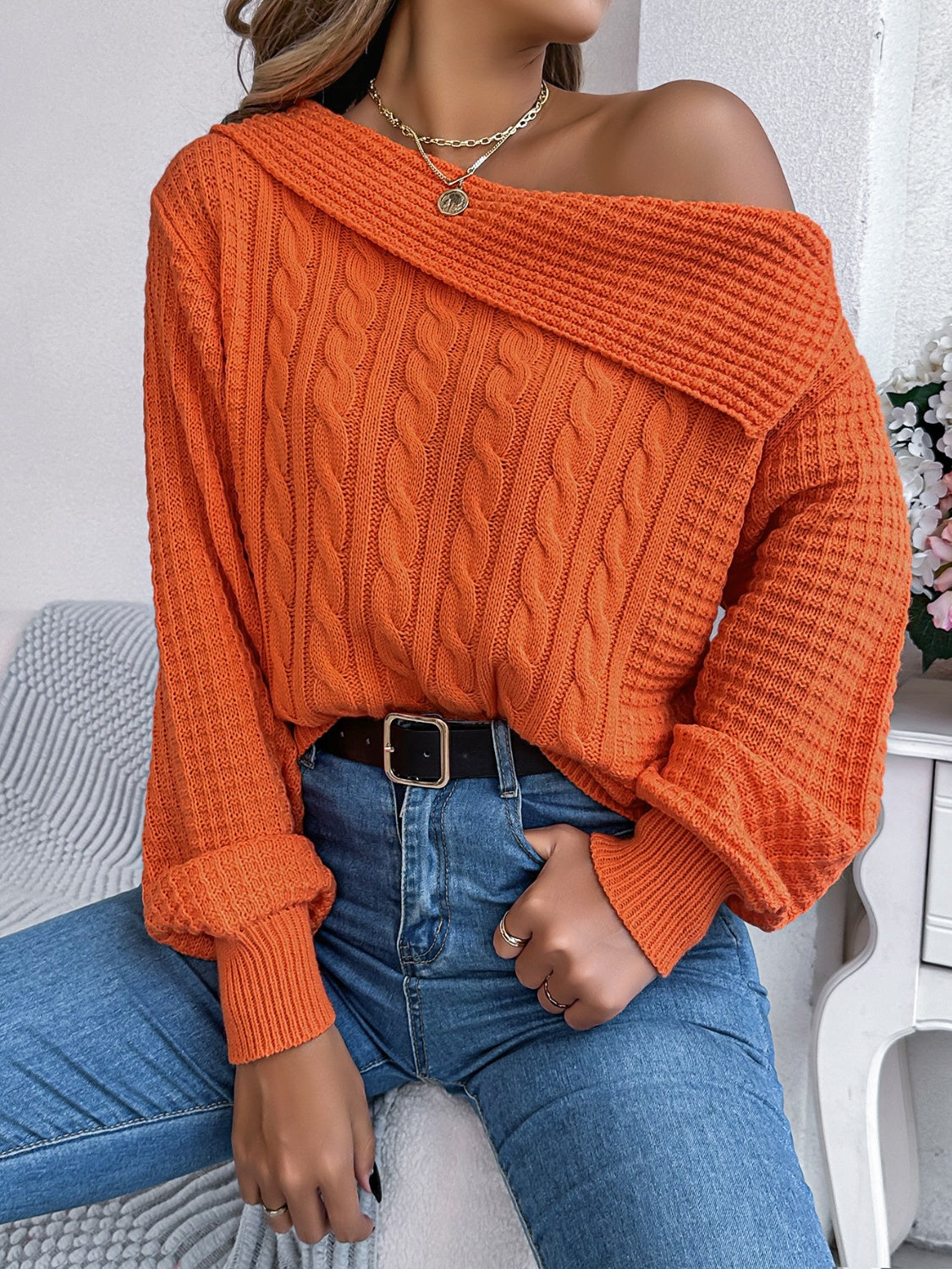 Cable-knit one shoulder long sleeve sweater