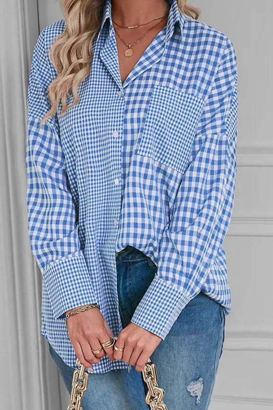 Pocketed plaid collared neck long sleeve shirt - light blue / s