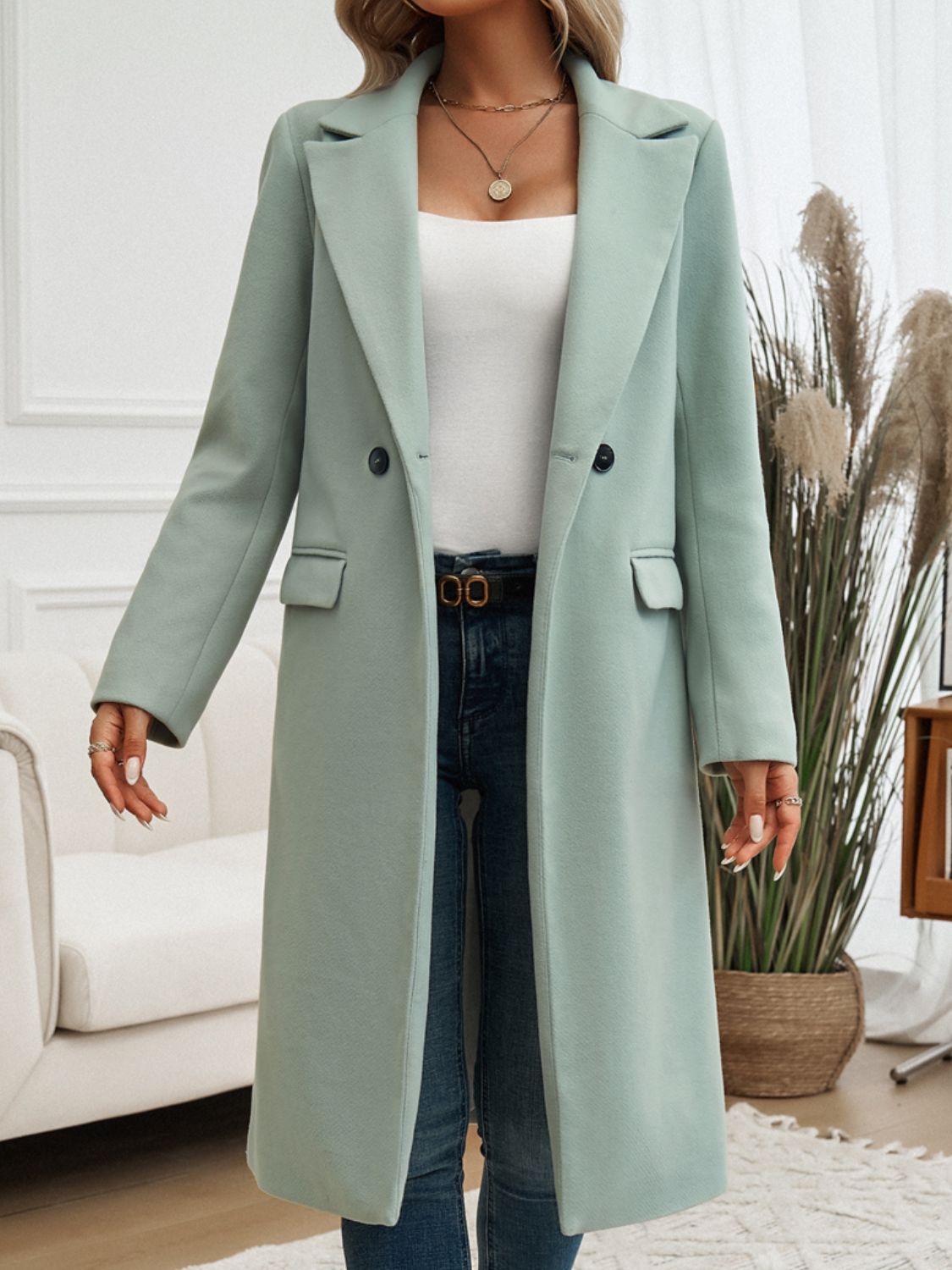 Devine pocketed collared neck long sleeve coat - sage / s