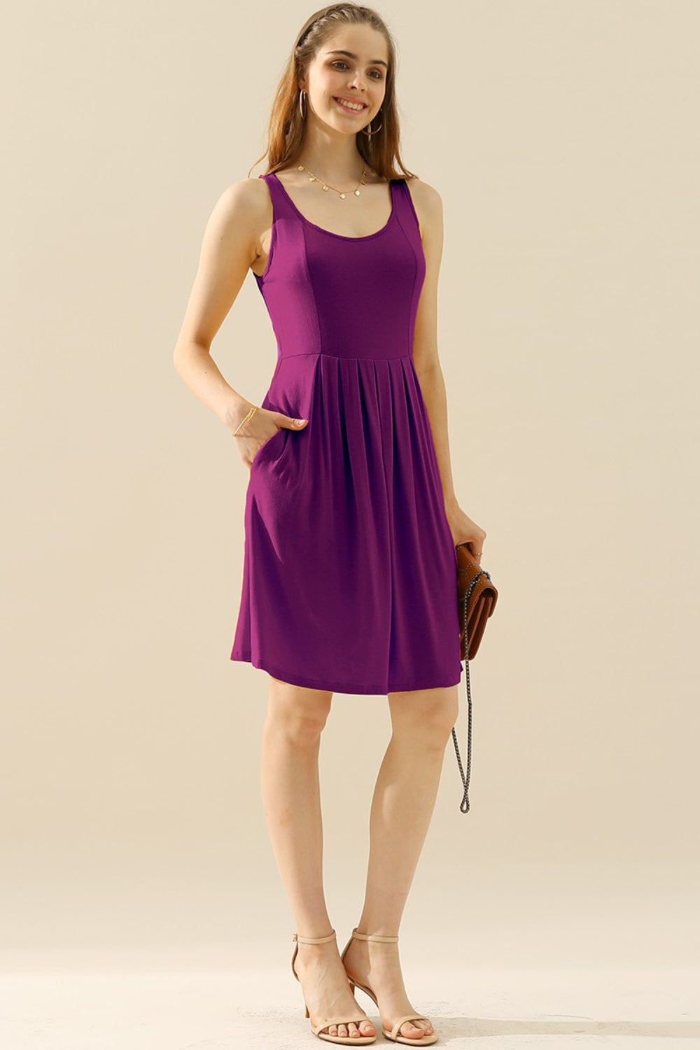 Doublju full size round neck ruched sleeveless dress with pockets - plum / s