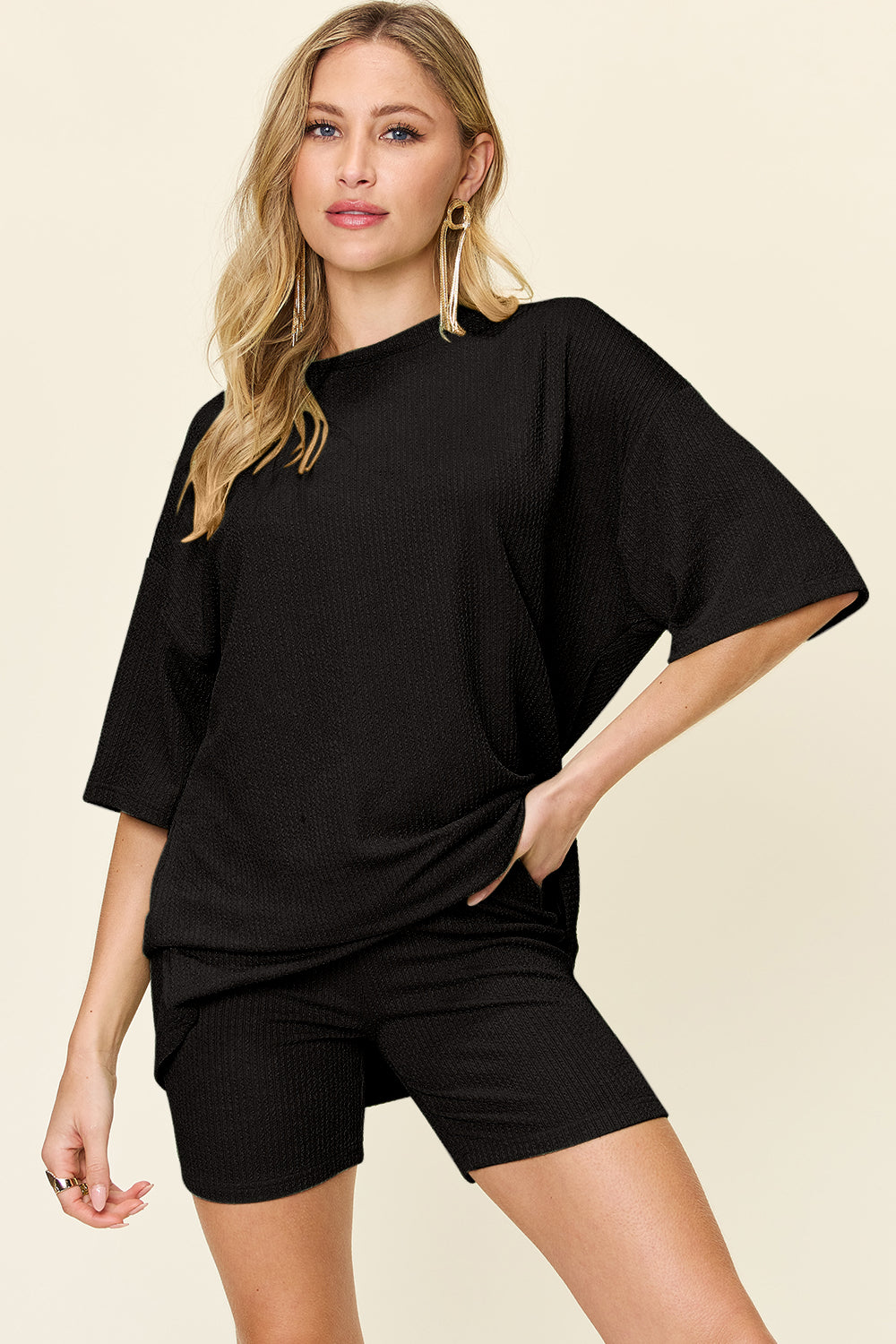 Double take full size texture round neck drop shoulder t-shirt and shorts set - black / s