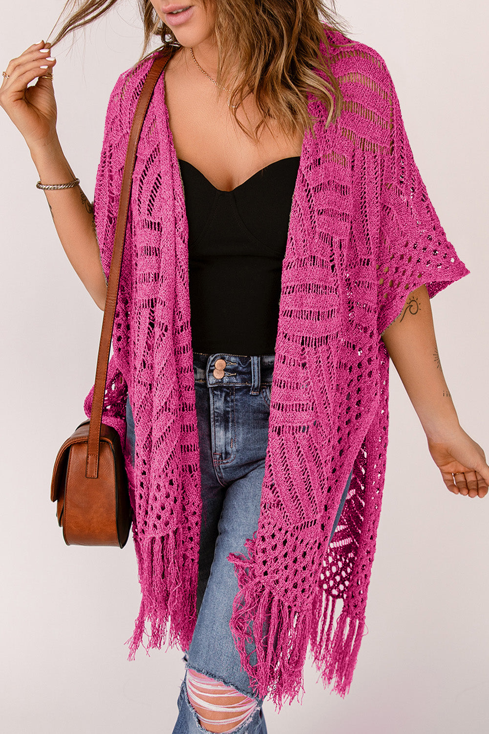 Openwork open front cardigan with fringes - hot pink / one size