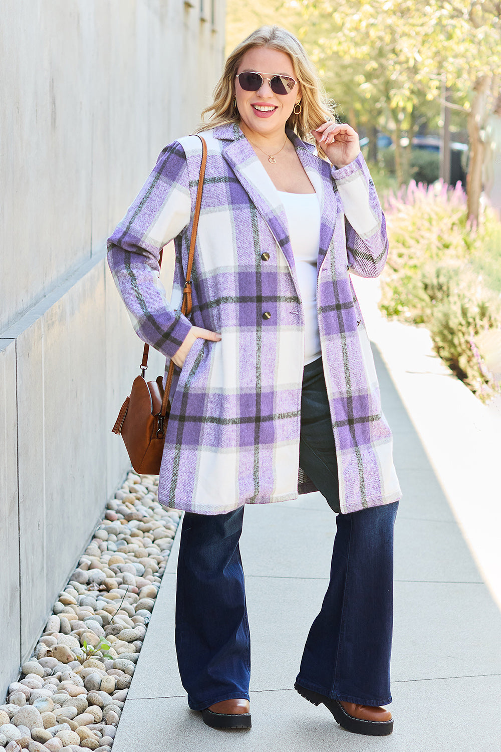 Double take full size plaid button up lapel collar coat