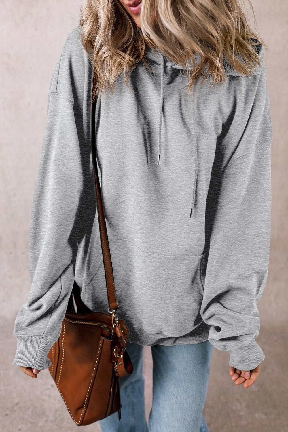 Drawstring pocketed long sleeve hoodie - gray / s