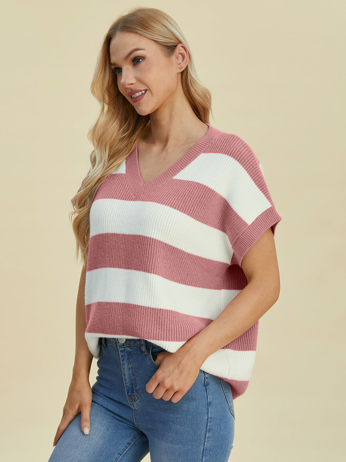 Double take full size striped v-neck short sleeve sweater