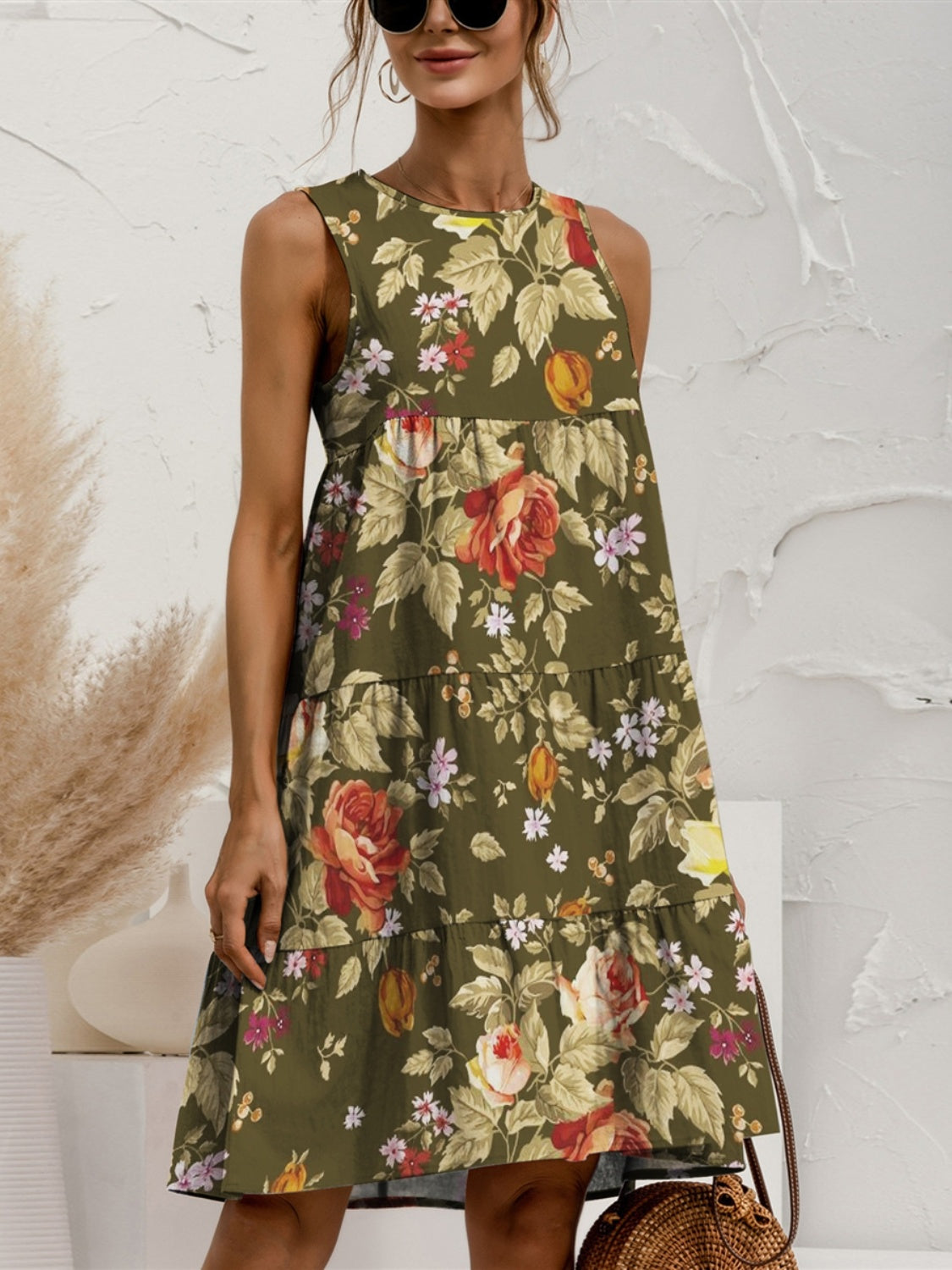 Tiered printed round neck sleeveless dress - moss / s