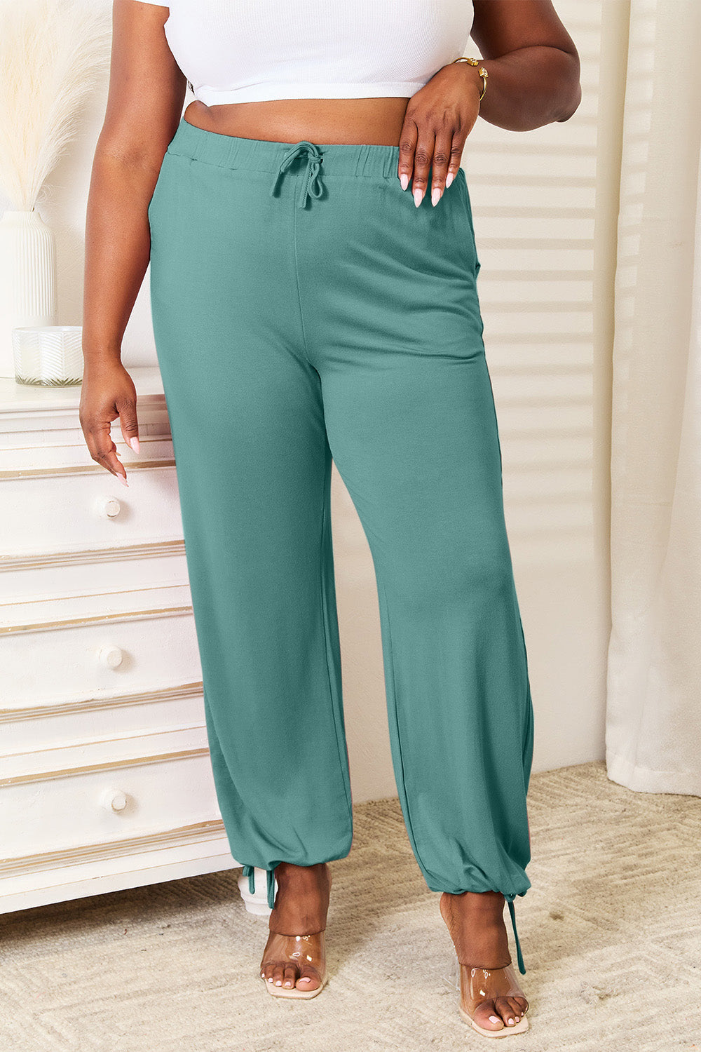 Basic bae full size soft rayon drawstring waist pants with pockets