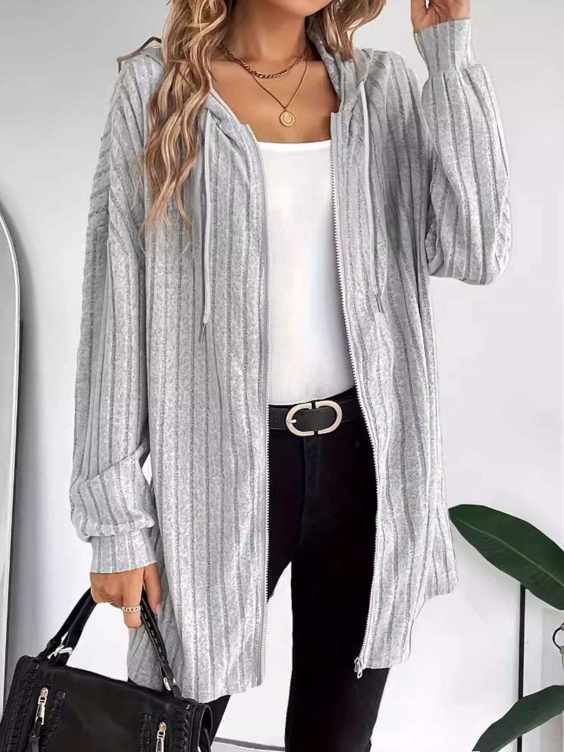 Ribbed zip up dropped shoulder jacket - gray / s