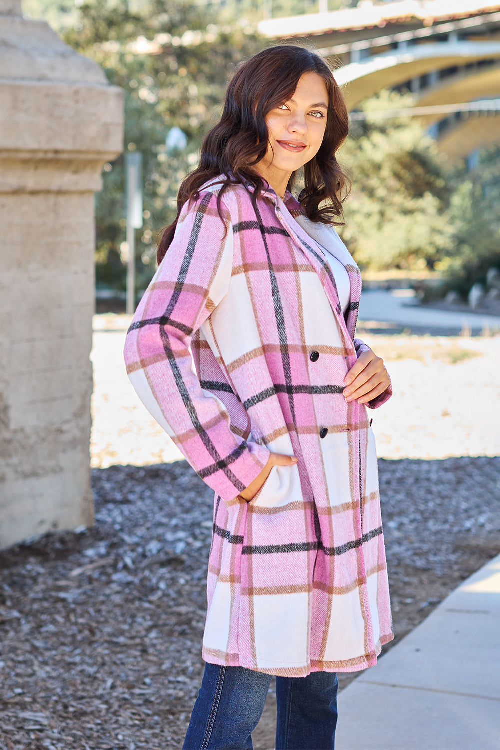 Double take full size plaid button up lapel collar coat