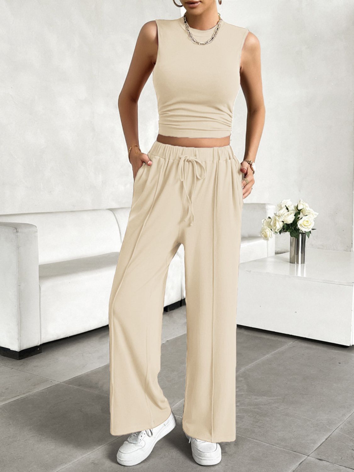 Devine mock neck sleeveless top and drawstring pants set - tan / s