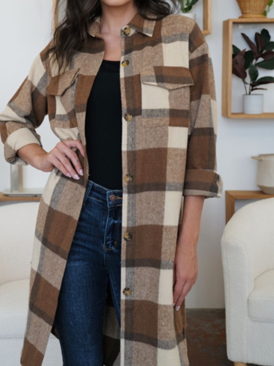 Fam-fam plaid collared neck long sleeve longline jacket