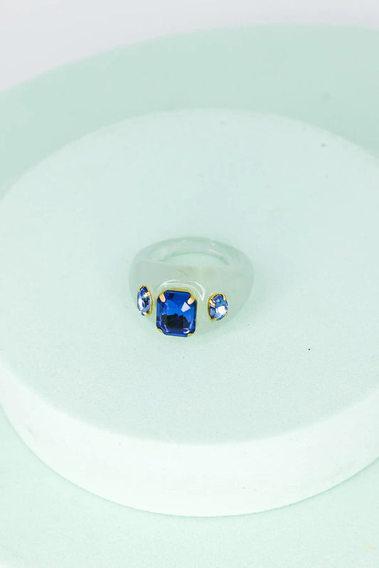 Oval acrylic mixed shape rhinestone ring - blue