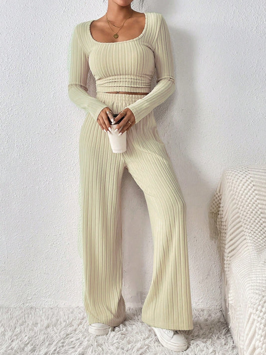 Scoop neck long sleeve top and pants set - khaki / s