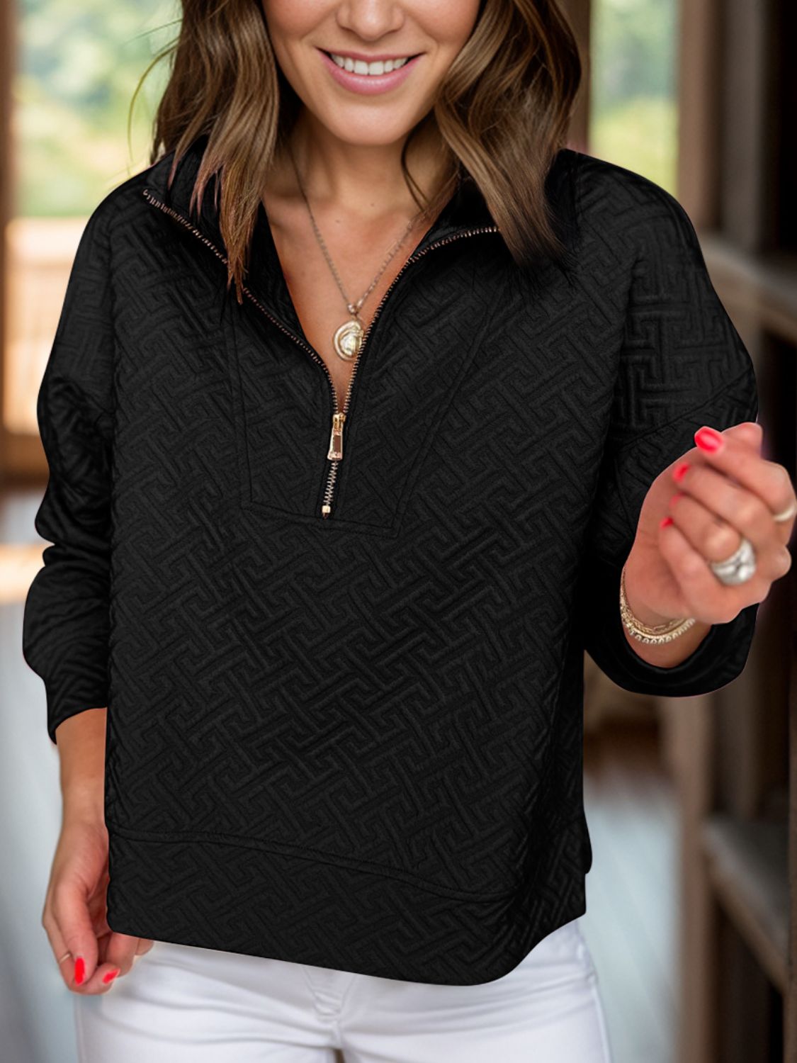 Textured half zip long sleeve sweatshirt - black / m