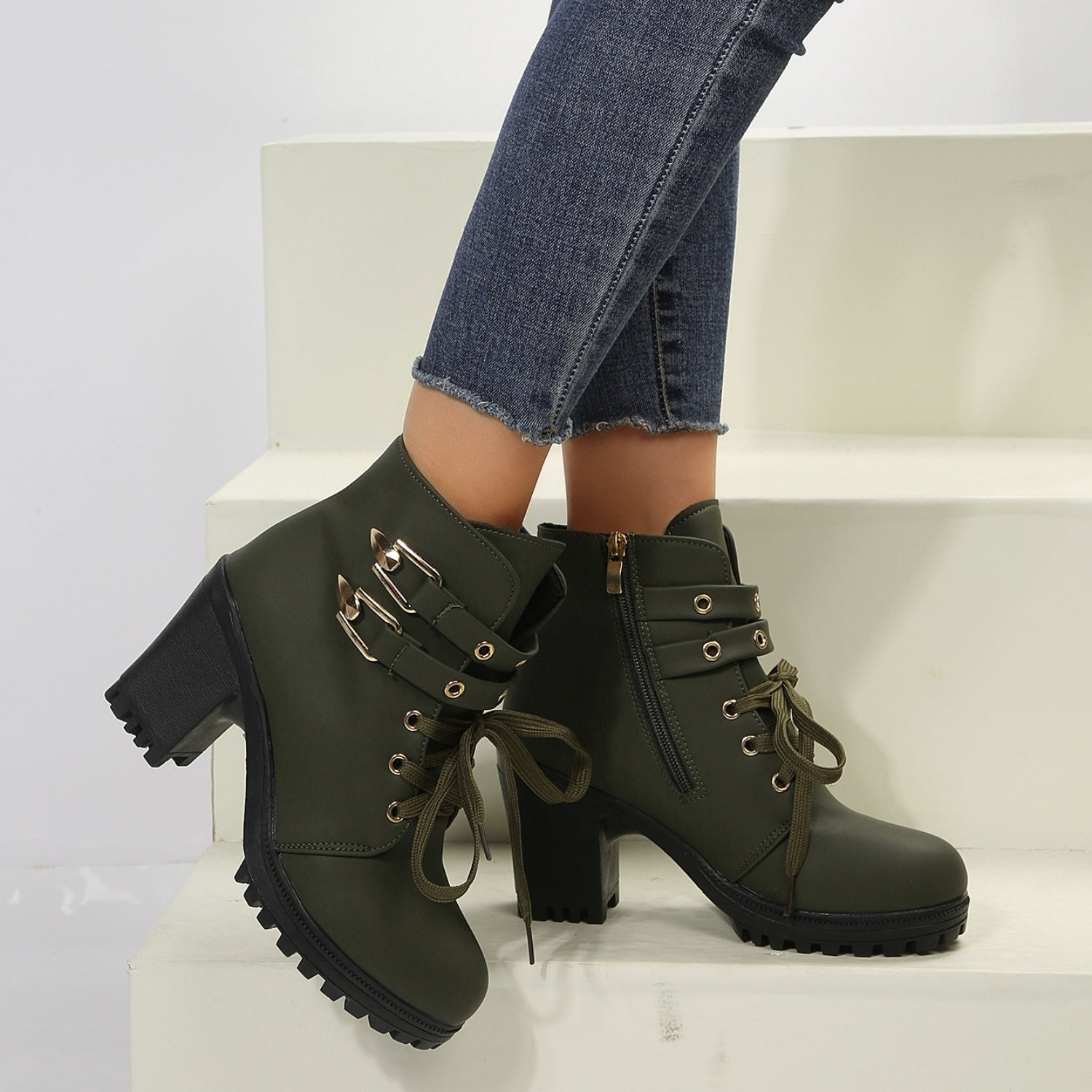 Pu leather round toe block heel boots