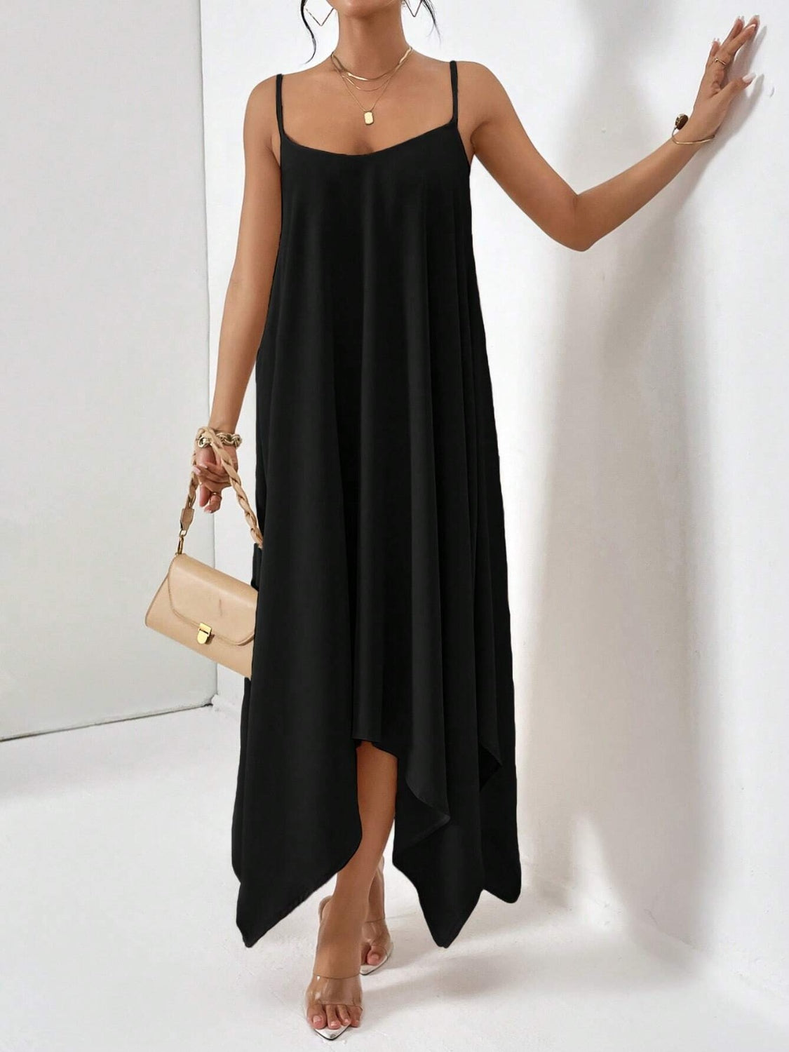 Scoop neck midi cami dress - black / s