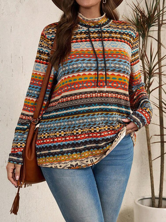 Plus size drawstring printed mock neck long sleeve top - multicolor / xl