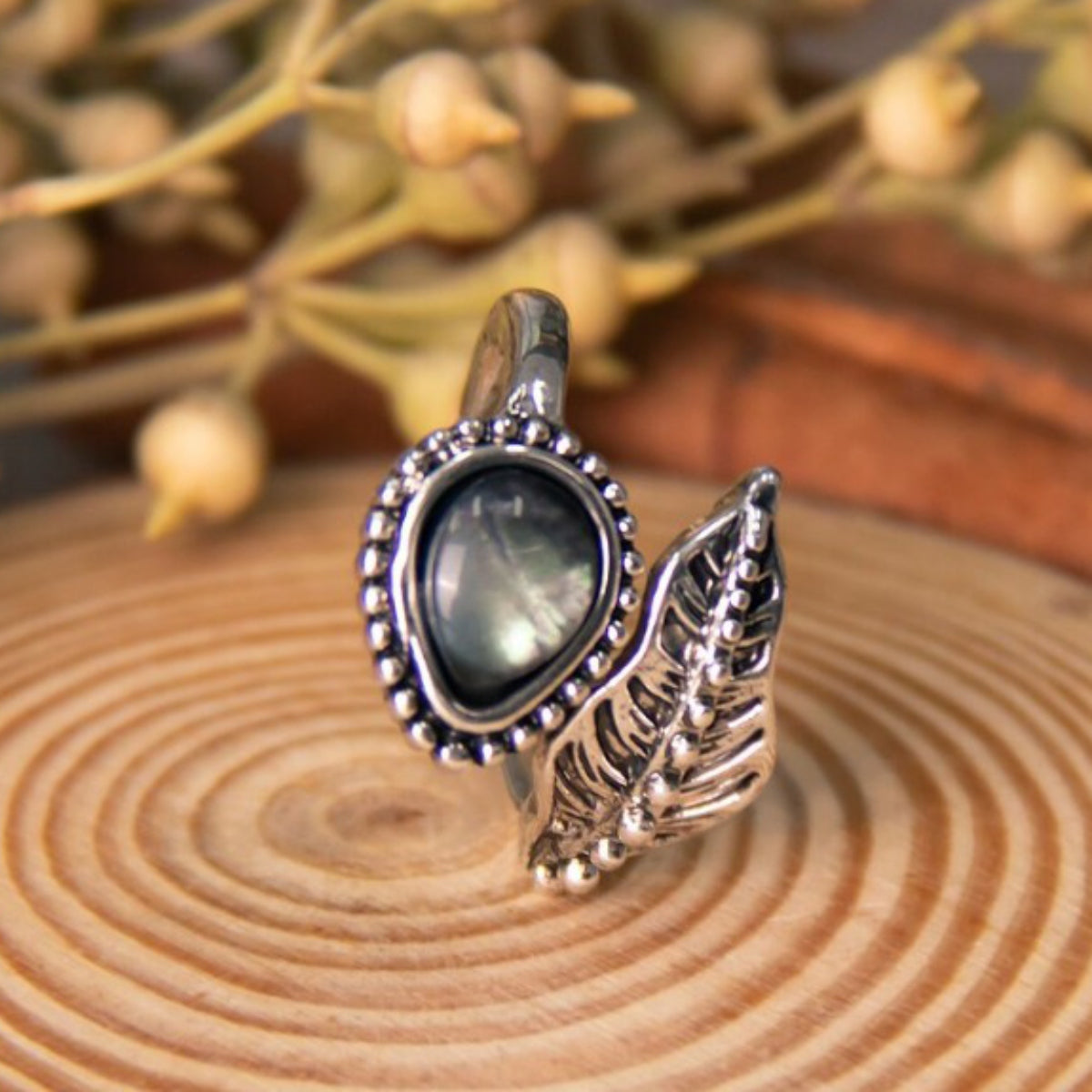 Alloy moonstone leaf bypass ring - silver / one size