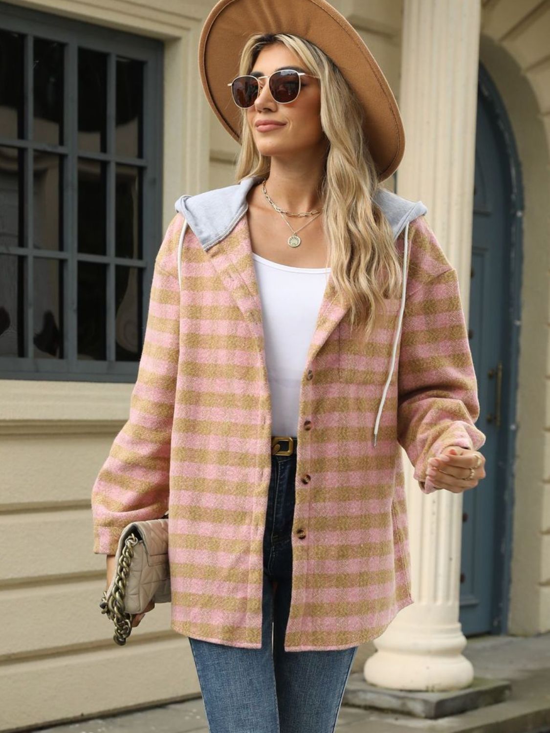 Drawstring plaid long sleeve hooded jacket