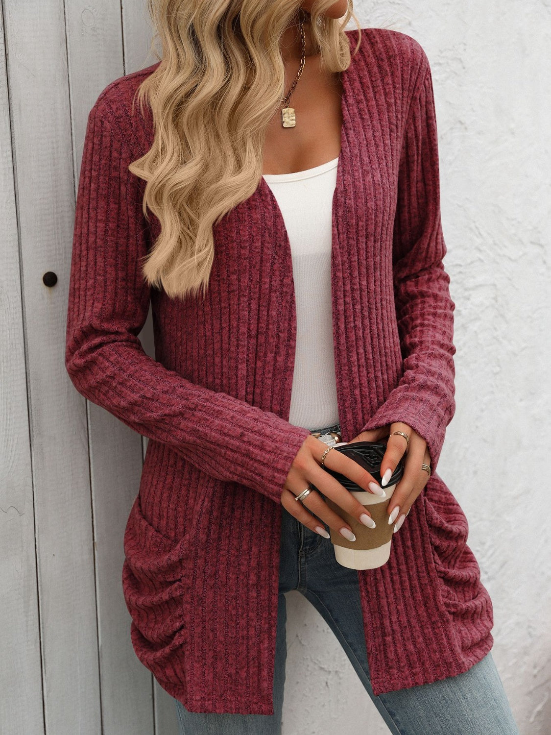 Mandy open front long sleeve ribbed cardigan - burgundy / s