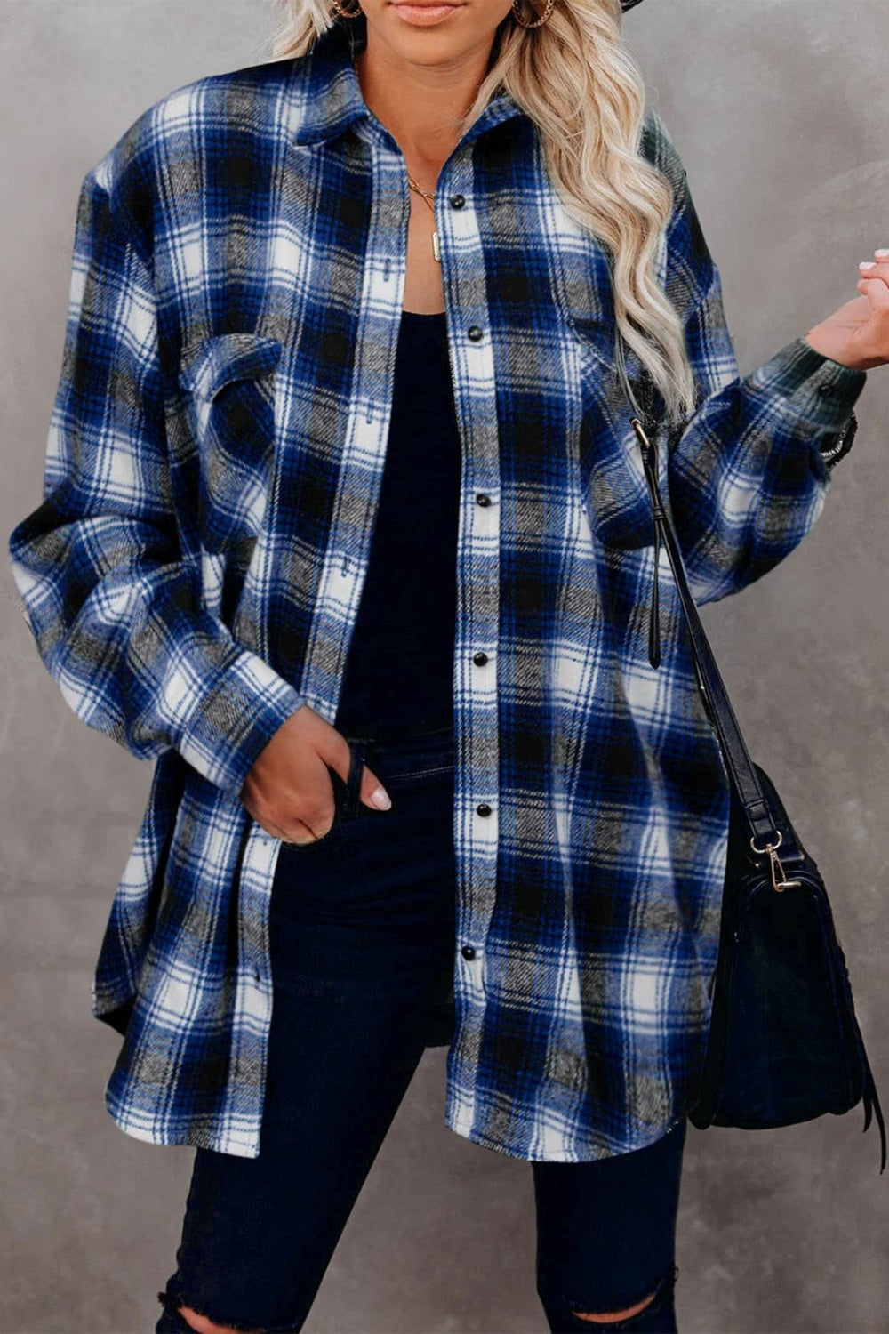 Full size plaid collared neck long sleeve shirt - royal blue / s