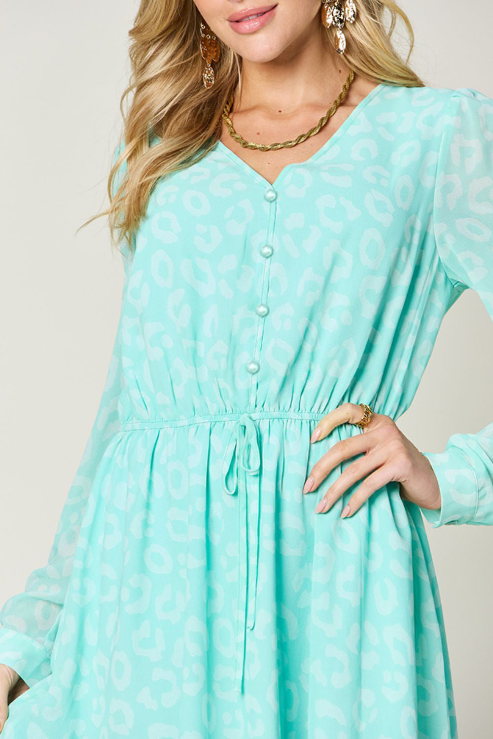 Double take full size printed ruched v-neck long sleeve dress