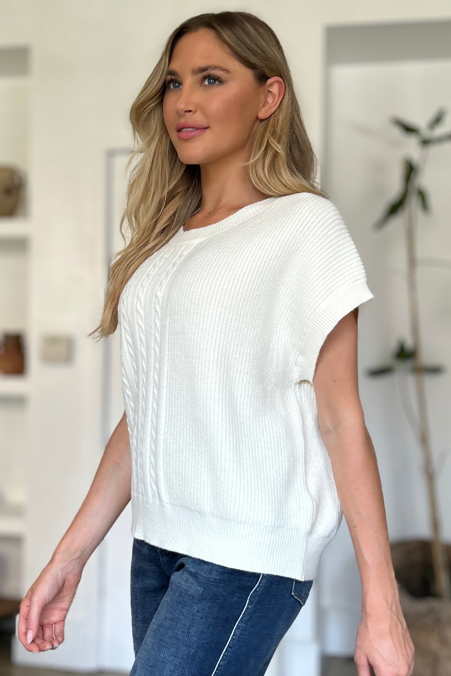 Double take full size cable-knit round neck short sleeve sweater