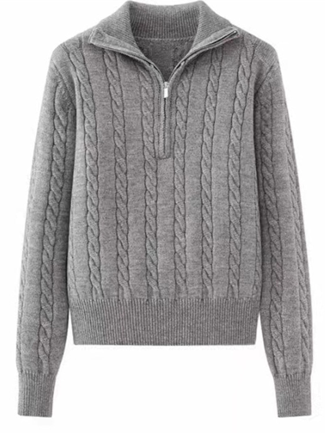 Cable-knit half zip long sleeve sweater