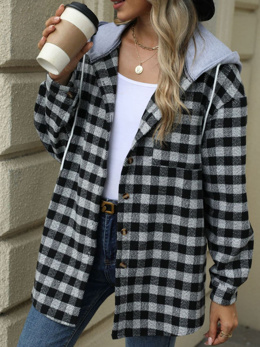 Drawstring plaid long sleeve hooded jacket - black / s