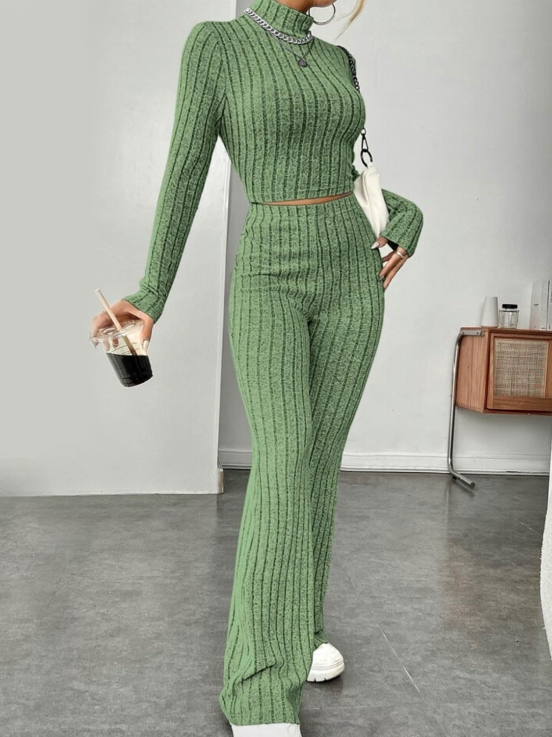 Ribbed mock neck long sleeve top and pants set