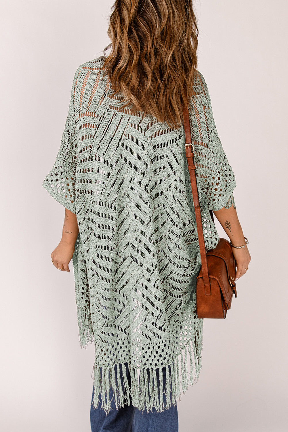 Openwork open front cardigan with fringes