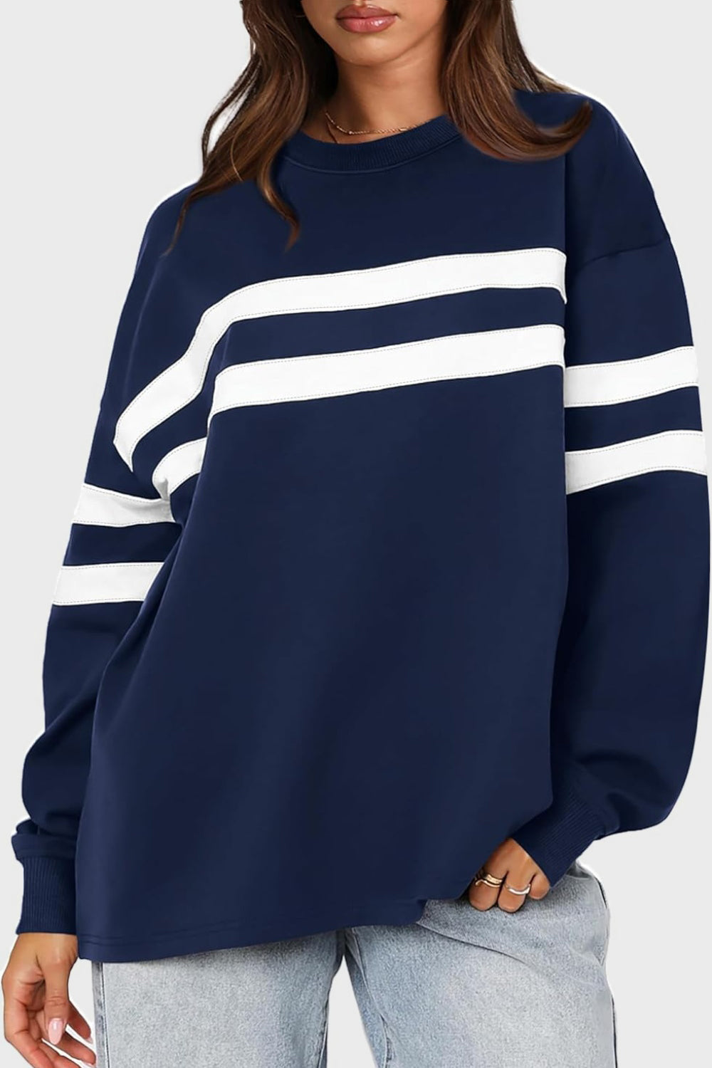 Lovelet striped round neck dropped shoulder sweatshirt - navy / s