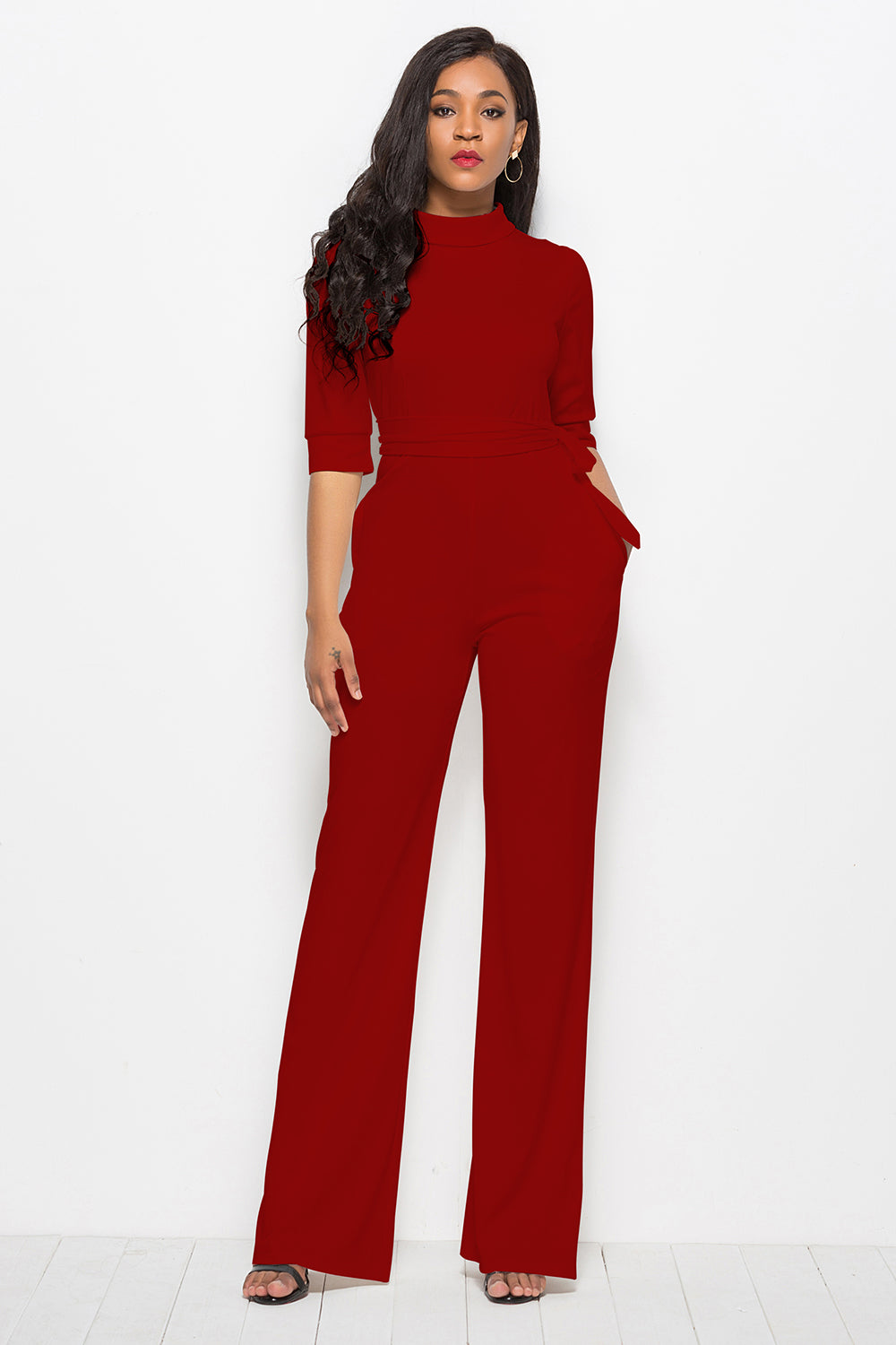 Mock neck tie-waist half sleeve jumpsuit