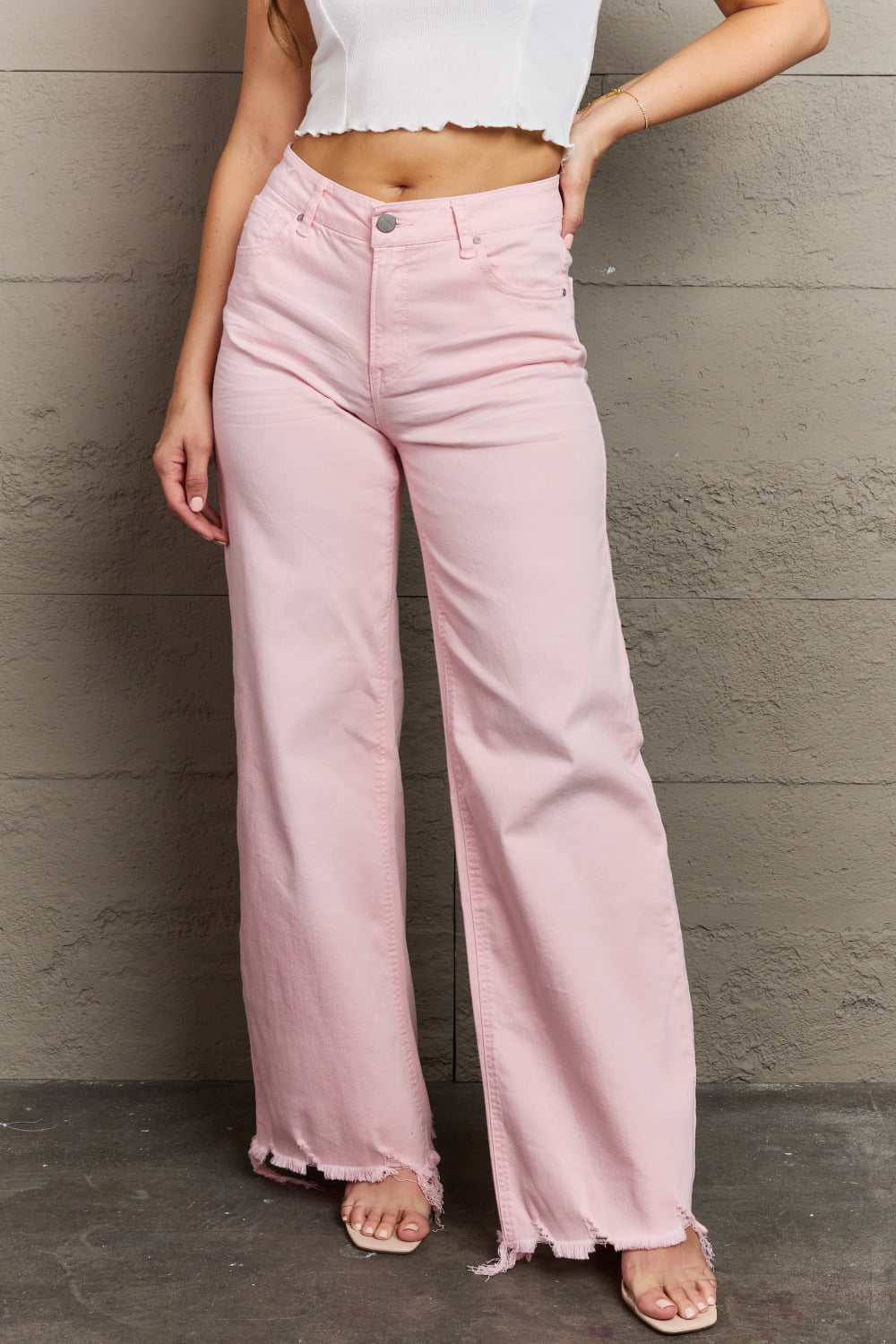 Risen raelene full size high waist wide leg jeans in light pink - blush