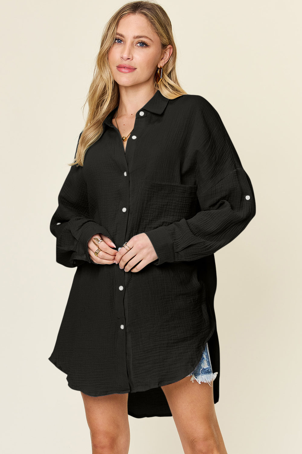 Double take full size pocketed texture button up shirt - black / s