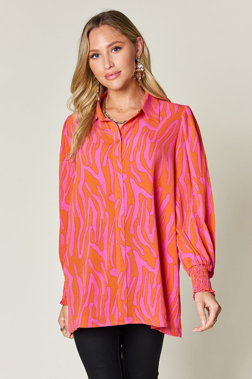 Double take full size printed smocked long sleeve blouse - orange / s